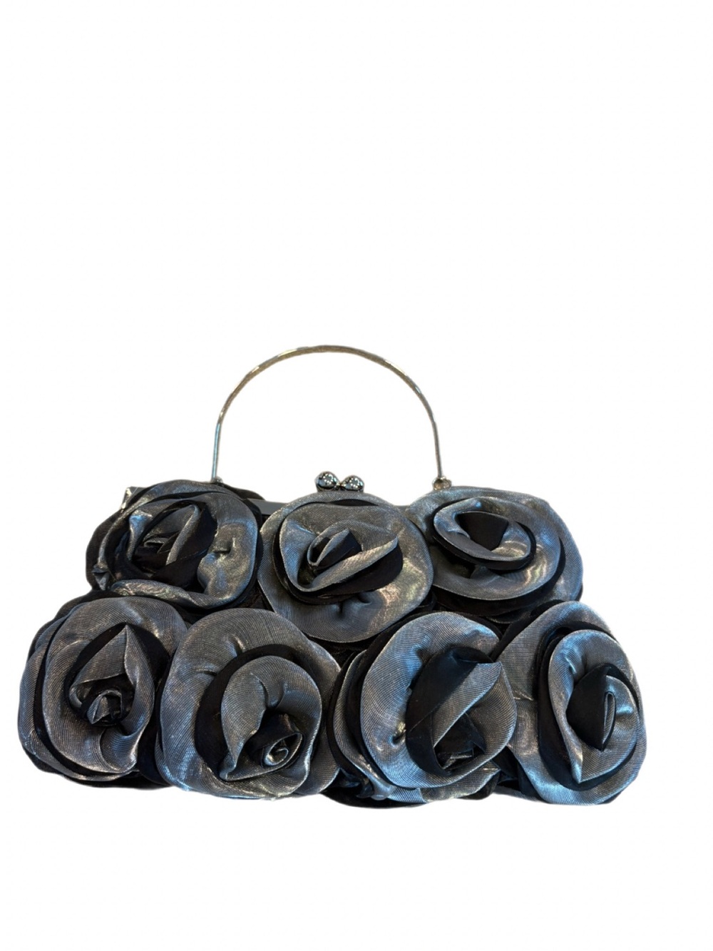 Helen Heart Gray Rosette Formal Evening Bag NWT Silver Handle Chain Strap - Picture 3 of 6